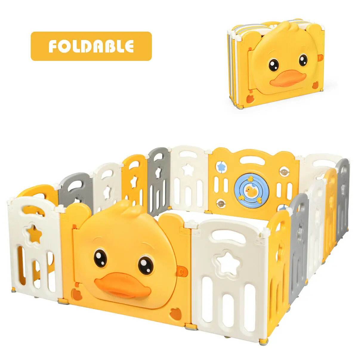 Babyjoy 16-Panel Foldable Baby Playpen Yellow Duck Yard Activity Center w/ Sound