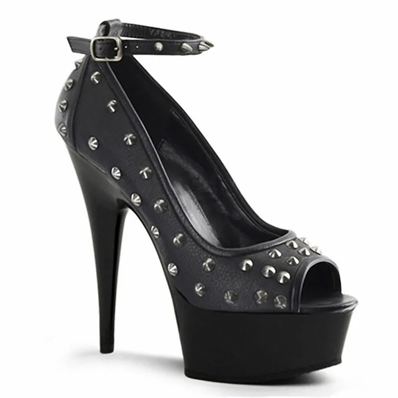 

Leather black and white rivet fish mouth stilettos, summer cut off wedding female simple female pump 15cm