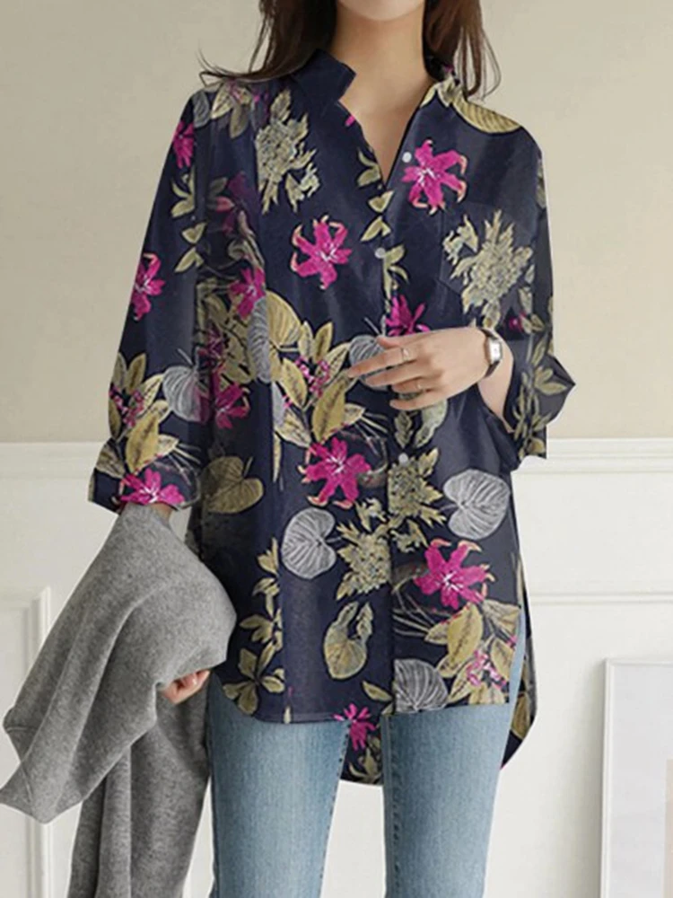 Spring and autumn large size long-sleeved cotton and linen fashion ladies\' lapel loose retro printed pocket casual shirt