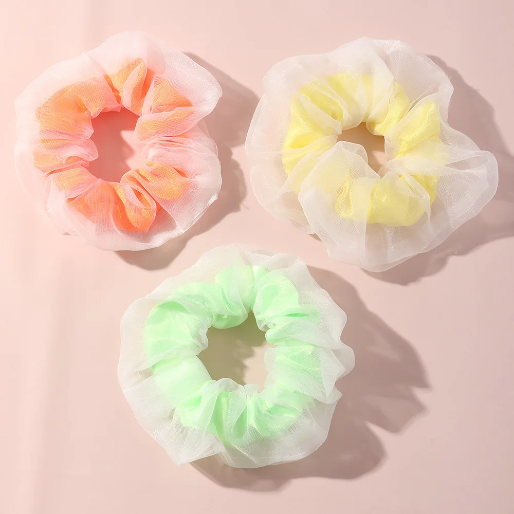 Fashion Organza Double Layered Hair Scrunchies Bright Neon Color Elastic Hair Tie Women Girls Sports Rubber Band Ponytail Holder