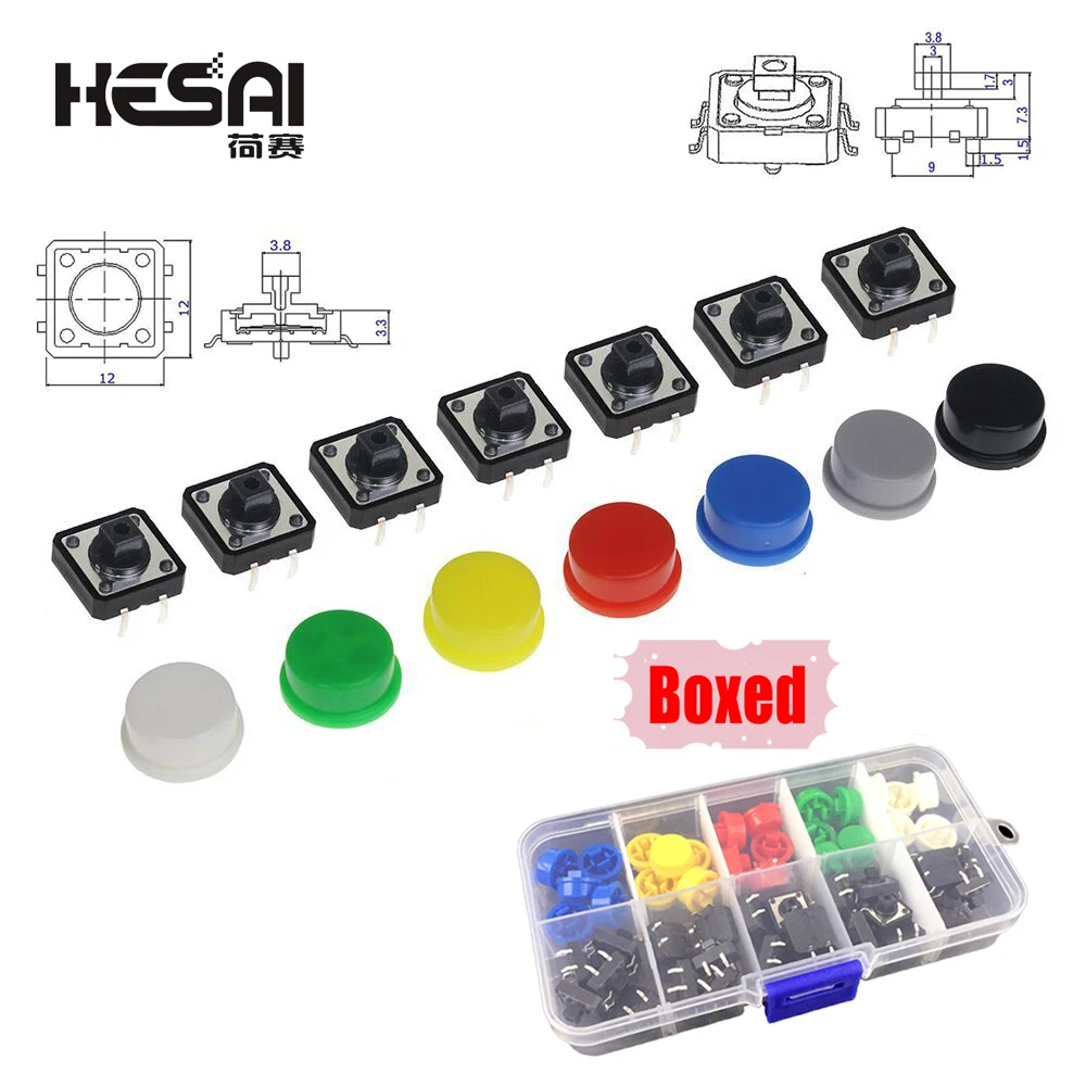 5 Colors 12*12*7.3MM Micro Switch Button Tact Cap Tactile Push Button Switch Momentary  25Pcs/Set