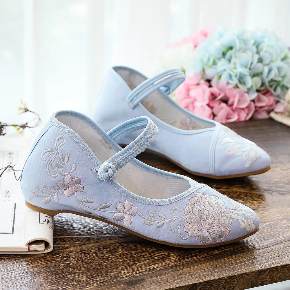 Veowalk miękkie wygodne damskie żakardowa bawełna Pointy Toe Mary Jane mieszkania Retro w stylu chińskim damskie haftowane buty do chodzenia