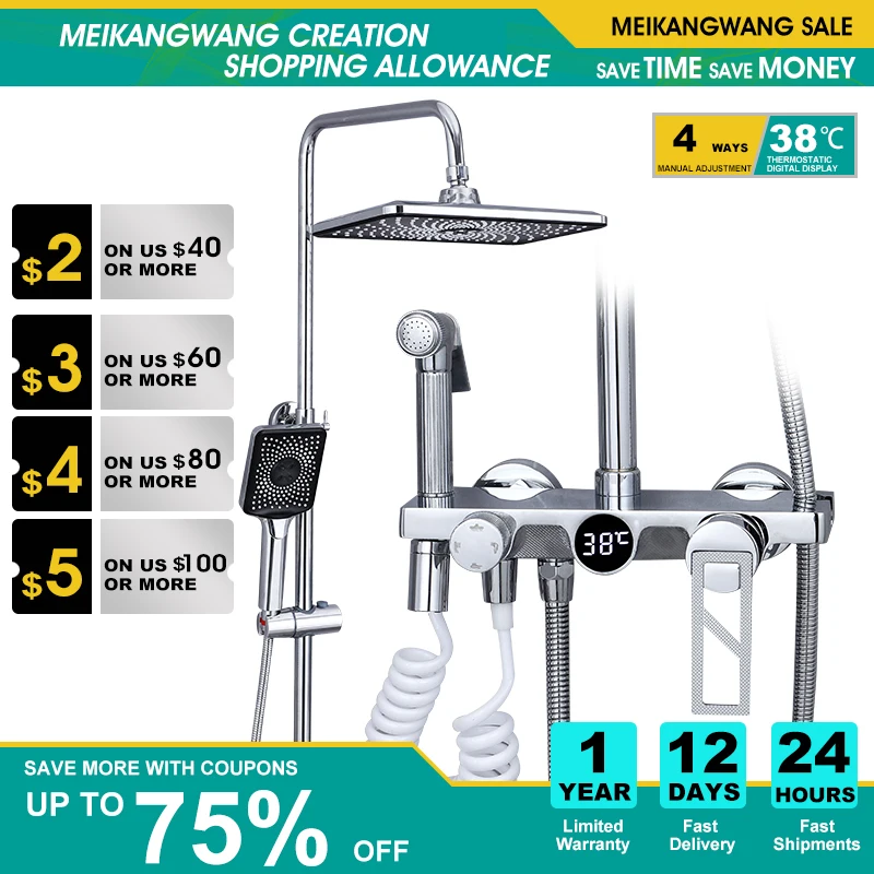 Chrome Thermostatic Digital Display Shower Faucet Set Bathroom Shower Faucet Rain Shower  with Starry Sky Hand and Top Spray