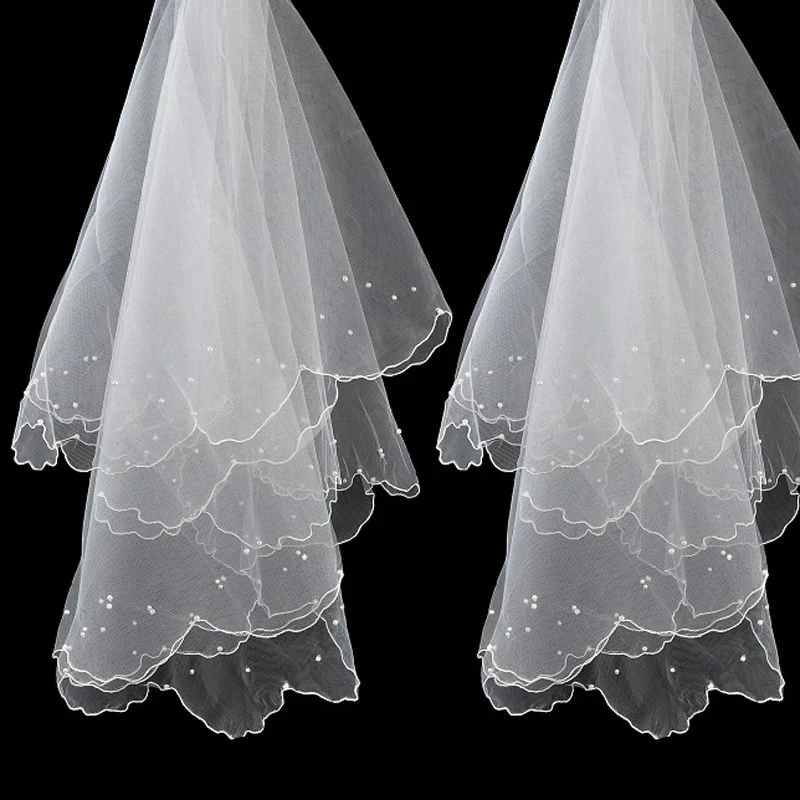 Bridal Veil Pearl Wedding Dress Layers Tulle Ribbon Edge Veils Women Accessories