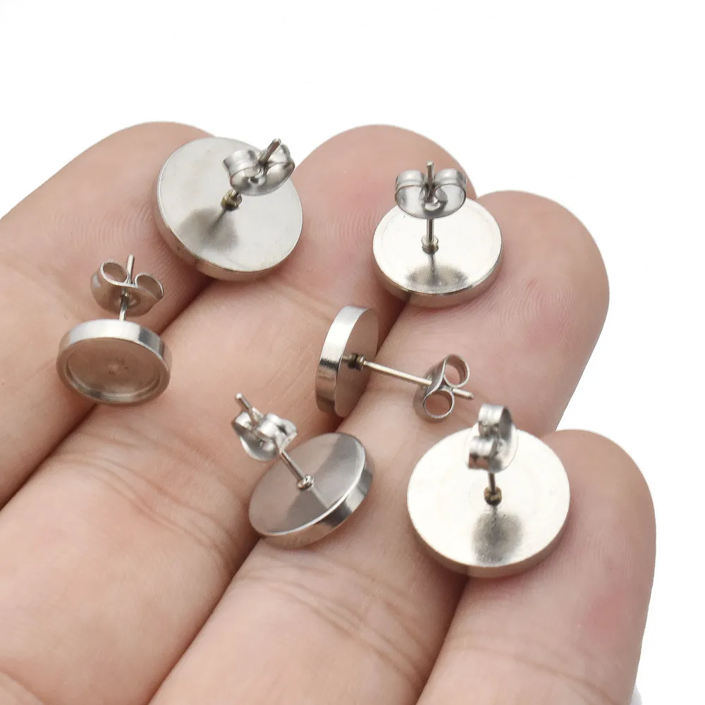 20szt 6 8 10 12mm Płaski kolczyk ze stali nierdzewnej Ustawienie pustej podstawy kolczyka Żywica Cabochon Taca Diy Biżuteria Hurtownia — zdjęcie 6