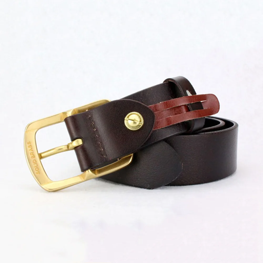 HIDUP Men's Top Quality Design Cow Skin Cowhide Leather Belt Brass Pin Buckle Metal Belts Casual Style Jean Accessories NWWJ135