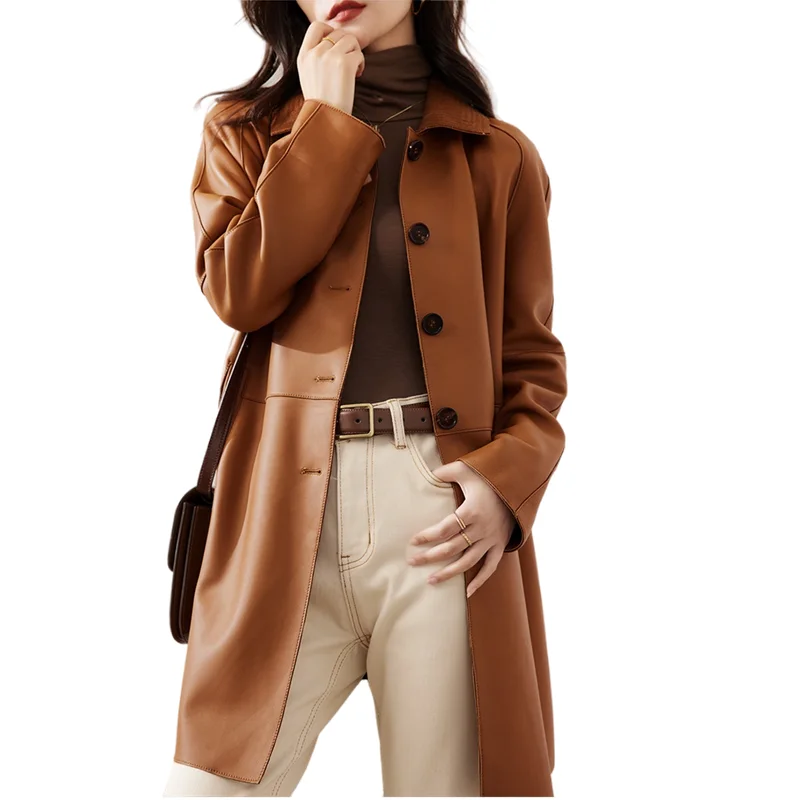 Mid Length Sheepskin Trench Coat for Women, Genuine Leather Coat, Lapel Collar, Belt, Spring, Autumn, OL Fashion