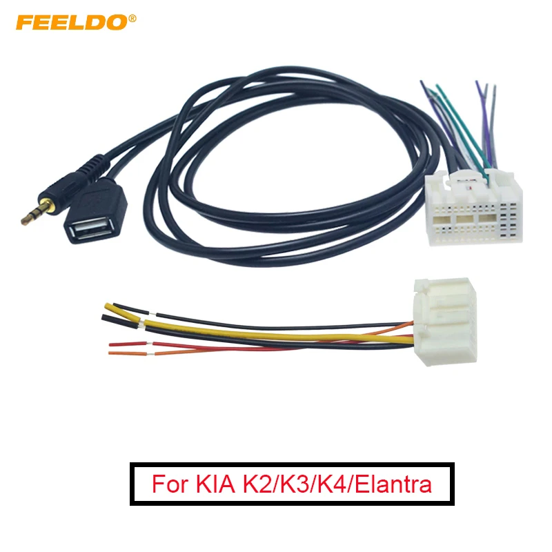 

FEELDO 5Pcs Car Stereo Radio Wiring Harness Adapter with AUX(3.5mm)/USB Connector Plug For KIA K2/K3/K4/Elantra/Mistra/Tucson