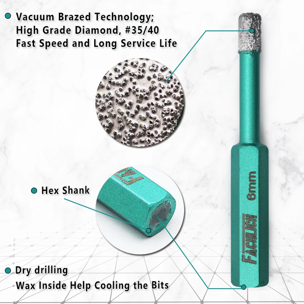 FACHLICH 2pcs Diamond Hole Saw Cutter Dry Drill Bits for Tile Porcelain Ceramic Marble Drilling Core Bits Dia 6/8/10/12/14mm