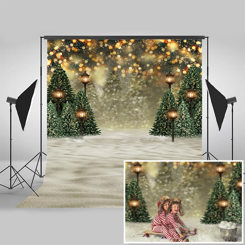 Christmas Winter Snow Photography Background Photobooth Xmas Tree Decor Backdrop Flash Bokeh Photographic Prop for Photo Studio