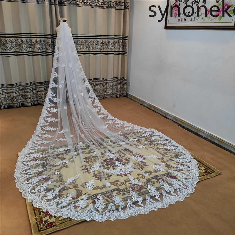 Nieuwe Real Photo 3M Een Layer Bruiloft Sluier Met Kam White Lace Edge Bridal Veils Ivory Geappliceerd Kathedraal Wedding sluier