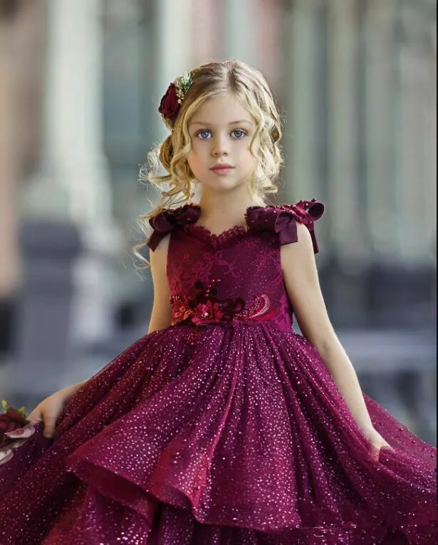 Sparkly Pailletten Blume Mädchen Kleider 2020 Formale Prom Kleider Tiered Röcke Partei Spitze V Neck Mädchen Geburtstag Pageant Kleid