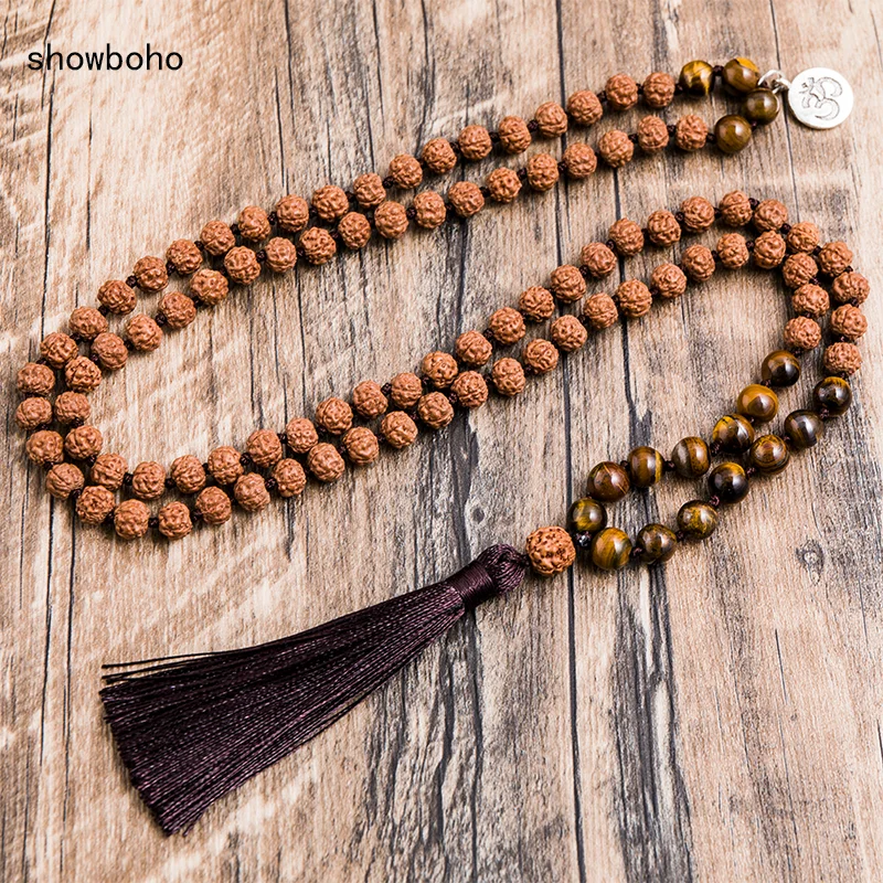 Original Rudraksha y 8mm cuentas de ojos de tigre amarillo collar tibetano anudado 108Japa Mala meditación Yoga juegos de joyas con amuleto OM