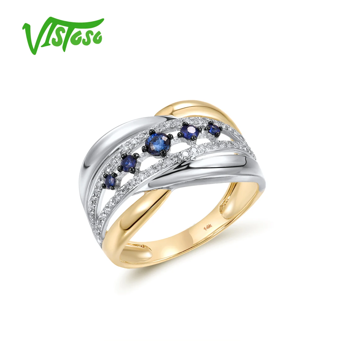 VISTOSO Genuine 14K 585 Yellow White Gold Rings For Women Sparkling Blue Sapphire Diamond Wide Band Rings Trendy Fine Jewelry