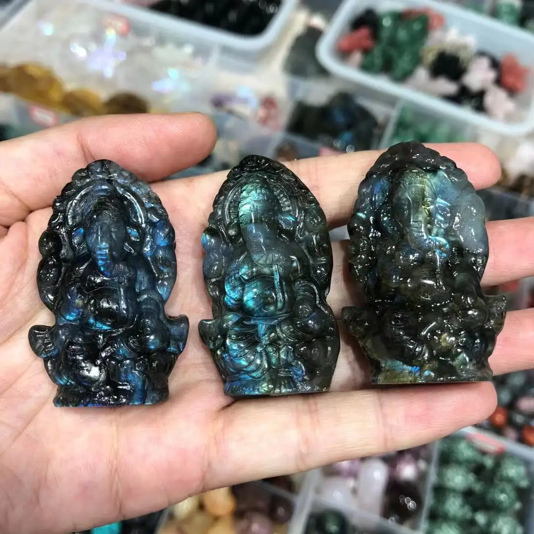 

Labradorite Elephant God Natural Quartz Crystal Carved Gemstones Ganesha Healing Reiki Decoration Stones