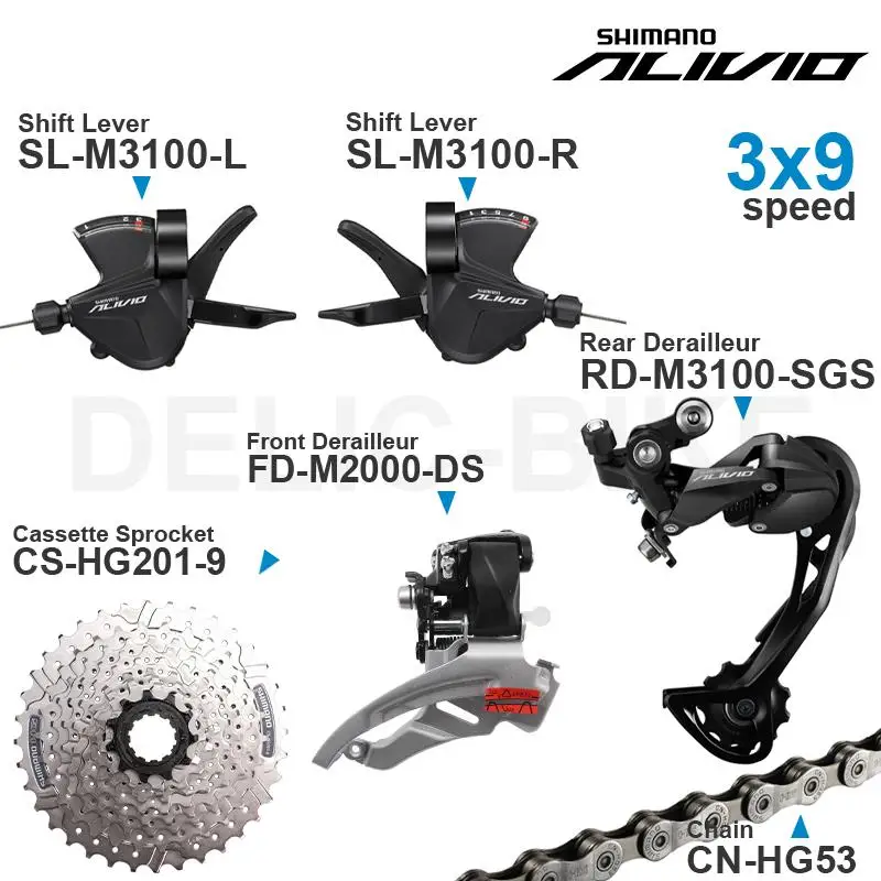 SHIMANO ALIVIO M3100 3x9v Groupset with 3x9 speed Shifter REAR and M2000 Front DERAILLEUR HG200 Cassette Sprocket COG Chains