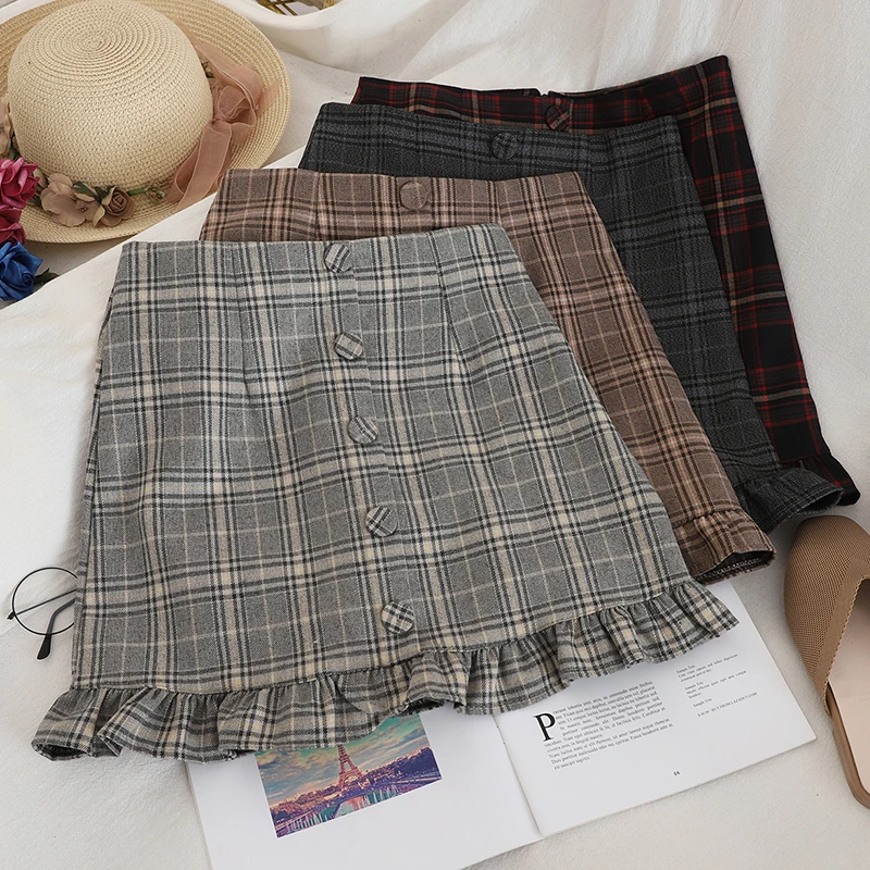 

Plaid Ruffles Female Skirts Casual Button High Waist Women Elegant Skirts Ladies Vintage Zipper Above Knee A-Line Summer Skirt