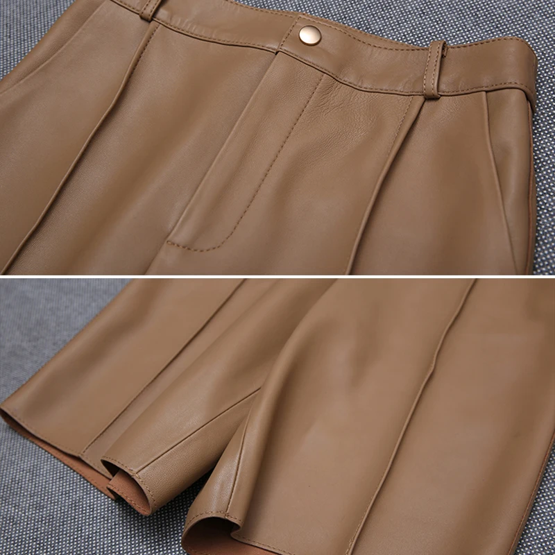 Top European Women\'s Genuine Leather Short Pants Female Simple Handsome Straight Line Suit Trousers Slim Khaki Midi Shorts