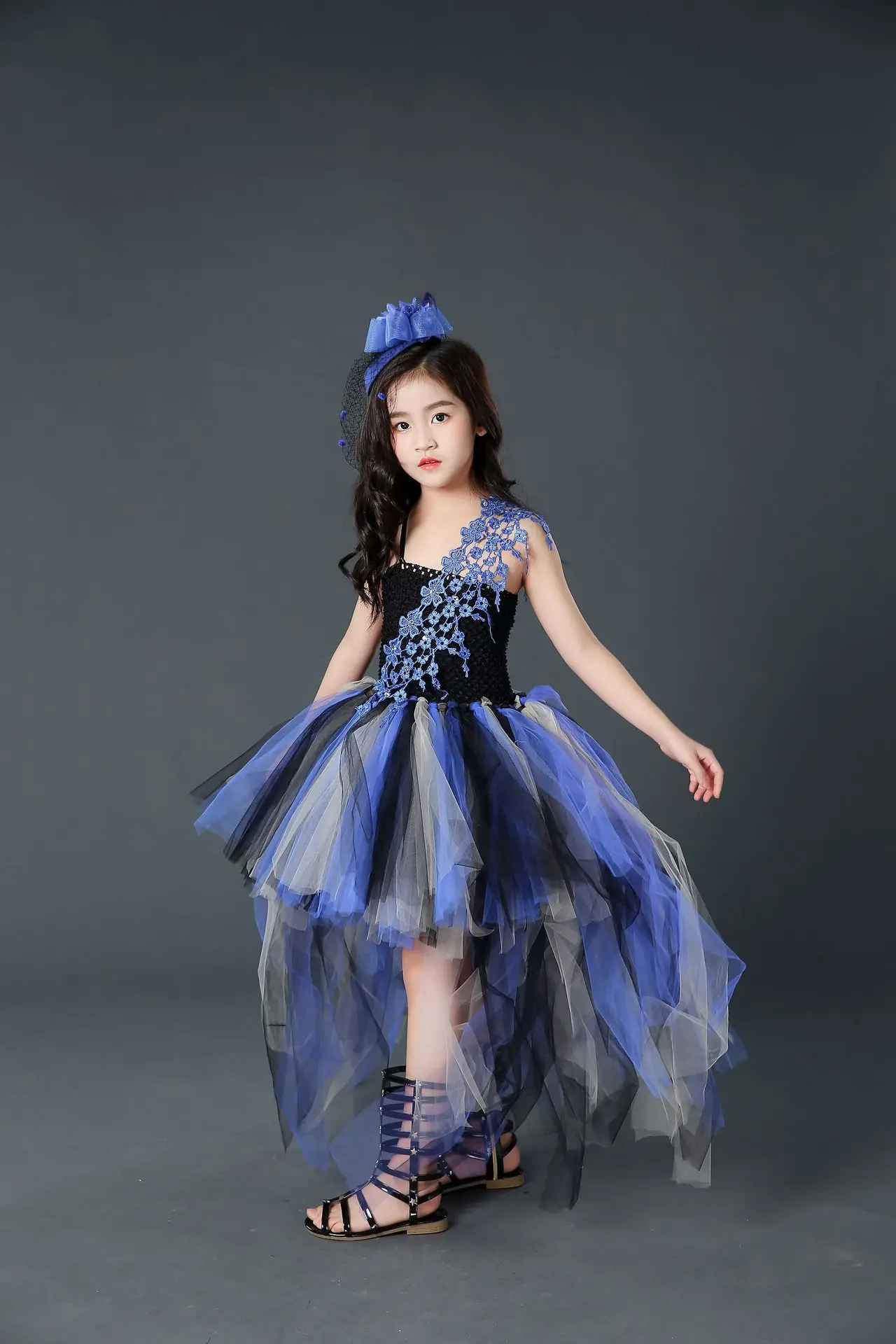 Girls Princess Dress High-End Black and Purple Halloween Party Tutu Dresses with Train Tulle Kids Clothes Lace Dresses for Girls