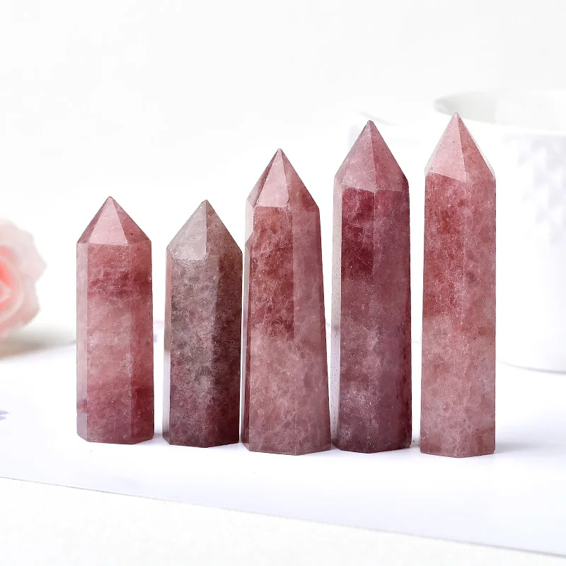 1PC Natural Strawberry Crystal Healing Stone Meditation Reiki Hexagonal Obelisk Quartz Tower Wand Mineral Home Decoration Gift