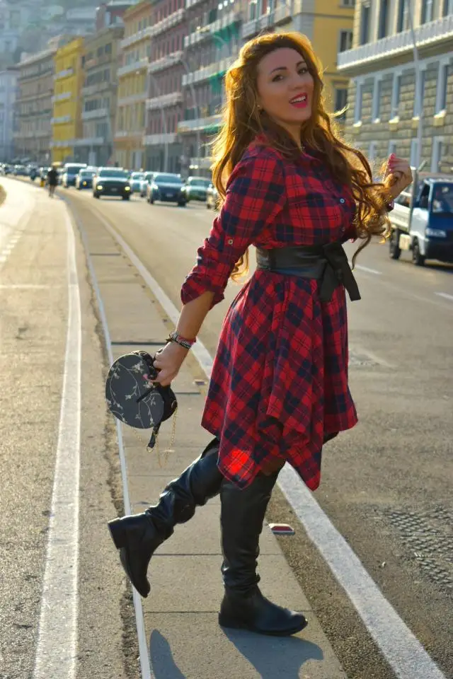 Women Red Plaid Belted Roll Tab Sleeve Handkerchief Dress Grunge Gothic Casual Dresses Vestidos Button Up Long Sleeve Streetwear