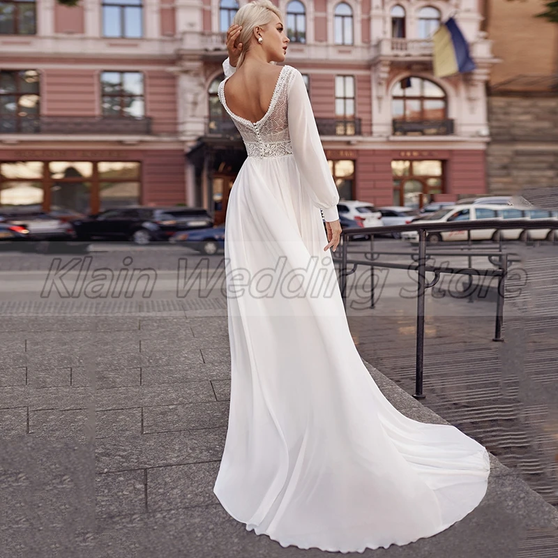 Weilinsha Gaun Pengantin V-Neck Lengan Panjang Sifon Gaun Brdail Renda Applique A-Line Klasik dengan Gaun Pernikahan Court Train Vestido De Novia