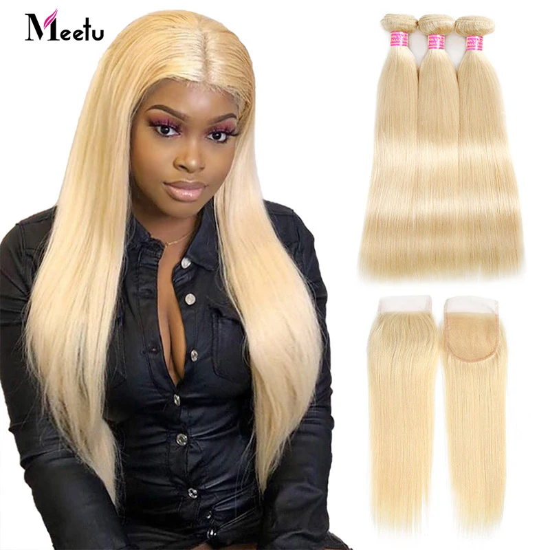 

Meetu Blonde Straight Hair Bundles with Closure 613 Hair Bundles with Closure Remy Brazilian Human Hair Weave with Closure