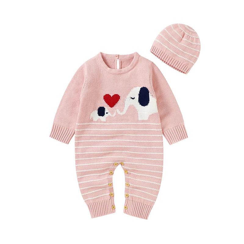 Baby Romper 100%Cotton Knitted Newborn Infant Playsuit Cute Elephant Clothes Toddler Girl Jumpsuit Outfit Hat Long Sleeve Autumn