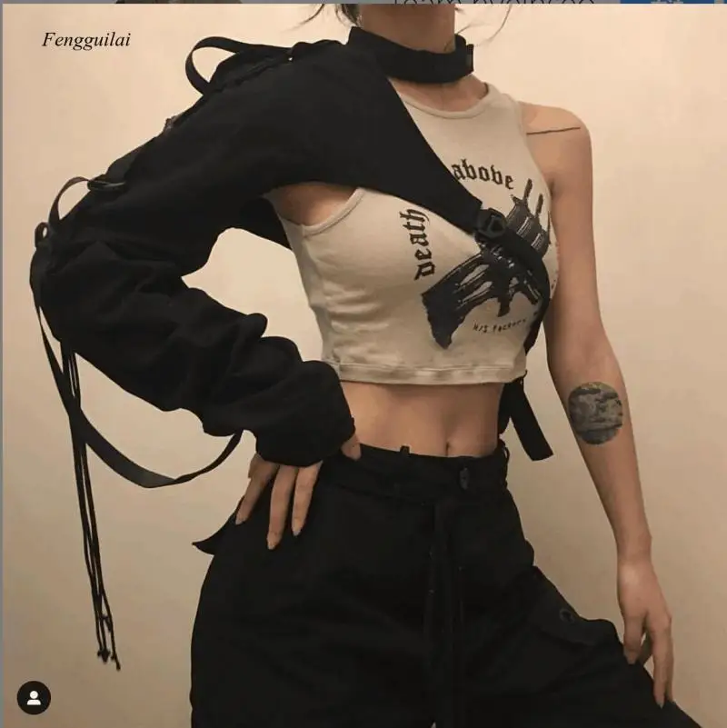 Fashion Irregular One Shoulder Long Sleeved with a Tie-Up Women Street Wear Hip Hop Buckle Halter Tops Black