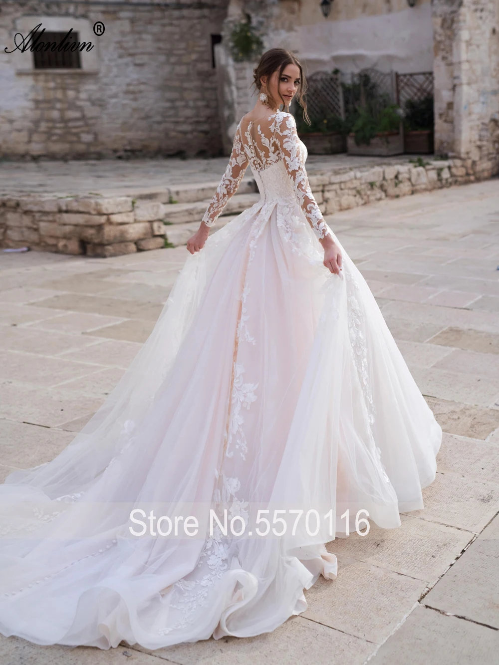 Alonlivn Gorgeous Scoop Neckline Of Candy Pink A Line Wedding Dress With Long Sleeve Buttons Closure