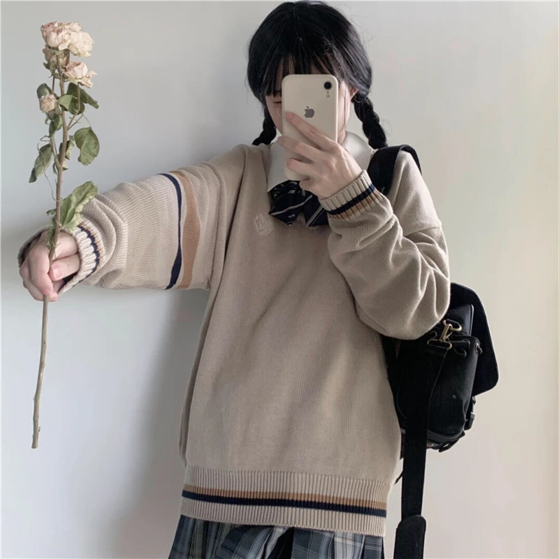 Frühling Herbst neue adrette Stil Pullover japanische V-Ausschnitt lose Pullover Studentin koreanische lose lässige Outwear Schuluniform