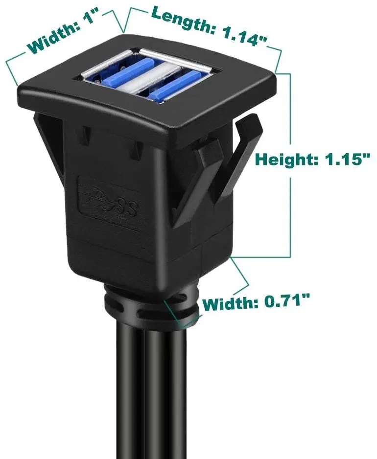 Cabo de extensão com fivela, portas duplas, usb 3.0, cabo de extensão de montagem embutida, para painel de carro, caminhão, barco, motocicleta, 3 pés