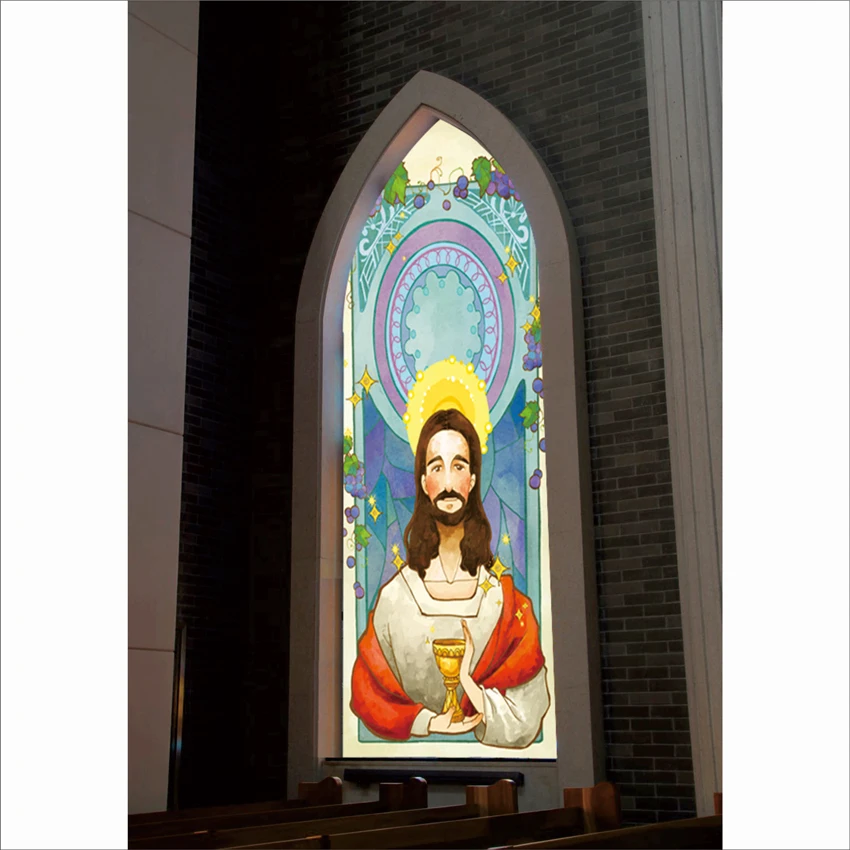 Customized Size Stained Glass Films Static Cling Jesus Virsin Mary Church Drawing Water-proof Wardrobe Decoration 50cmx100cm