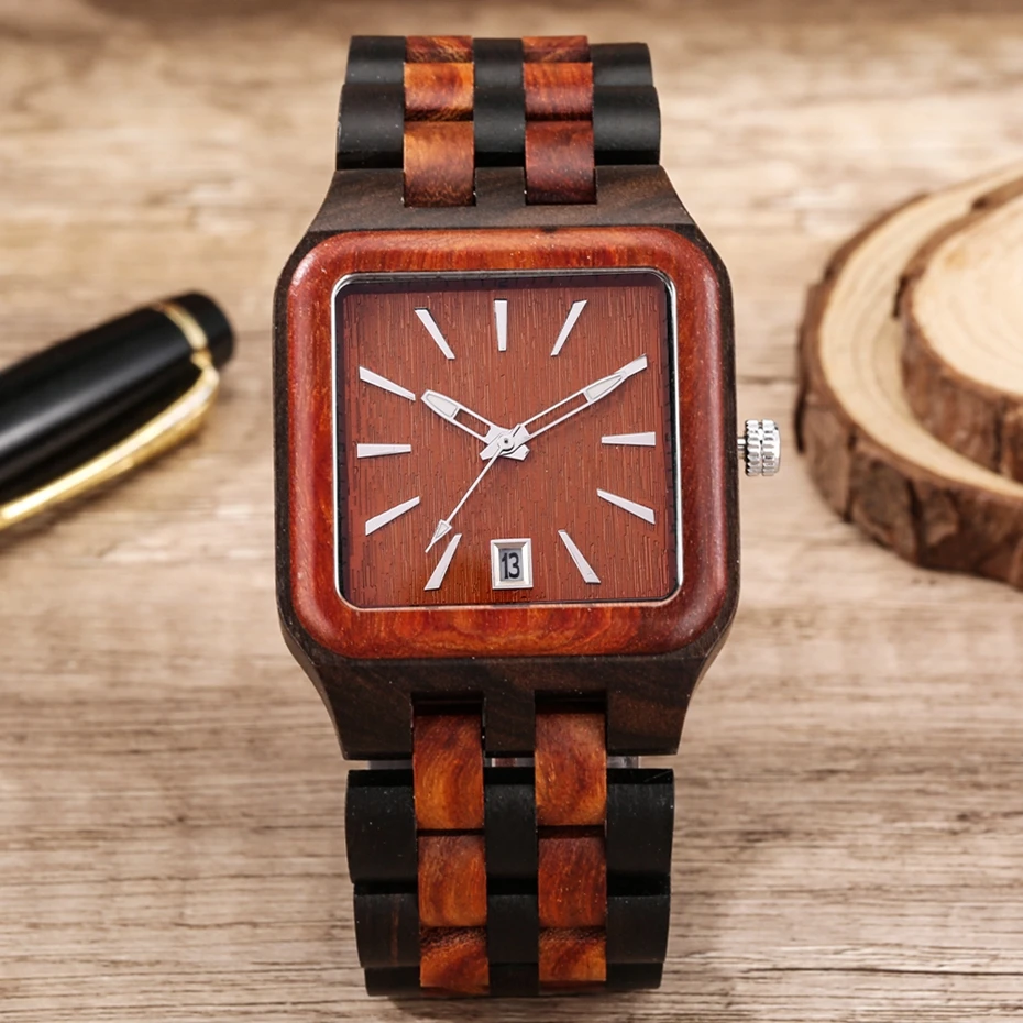 Retro Wood Calendar Watches for Men Creative Rectangle Dial Clock Man Full Natural Wooden Band Watch Date Quartz Wrist Watches