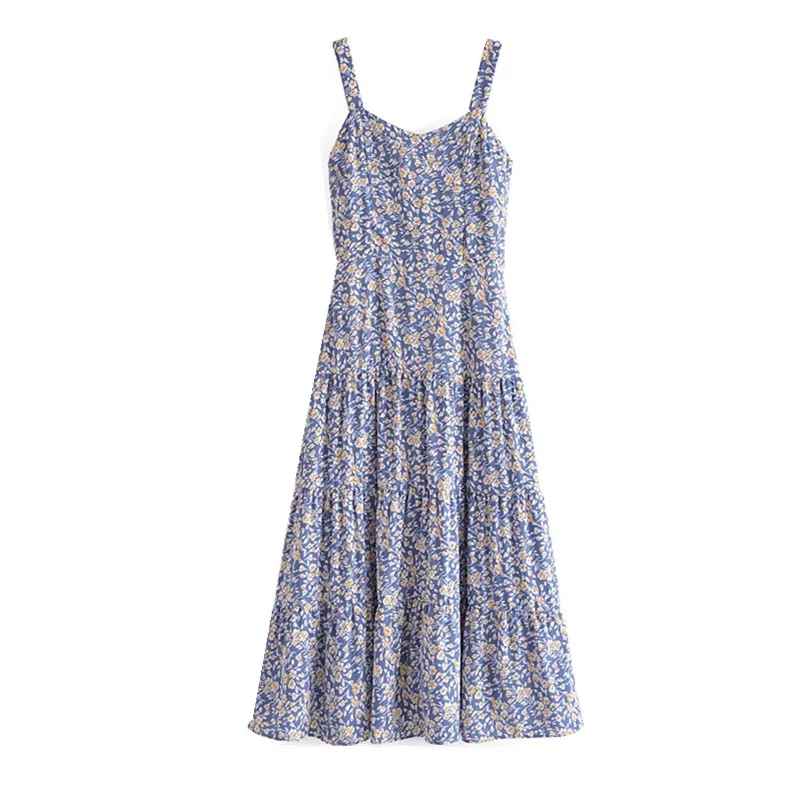 2021 Vintage France Style Blue Floral Print Strap Ruched Hem Midi Dress Sexy Women Elastic Back Swing Aline Sling Dress Holiday