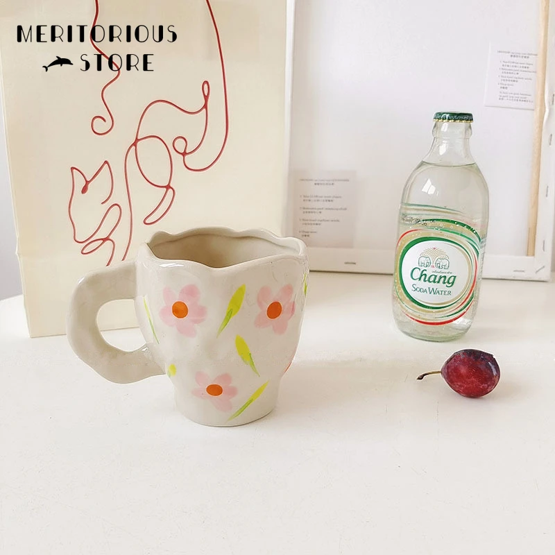 

CuteLife Nordic White Flower Ceramic Coffee Cup Kitchen Milk Tea Drinkware Breakfast Cup Porcelain Vintage Couple Gifts Cute Mug