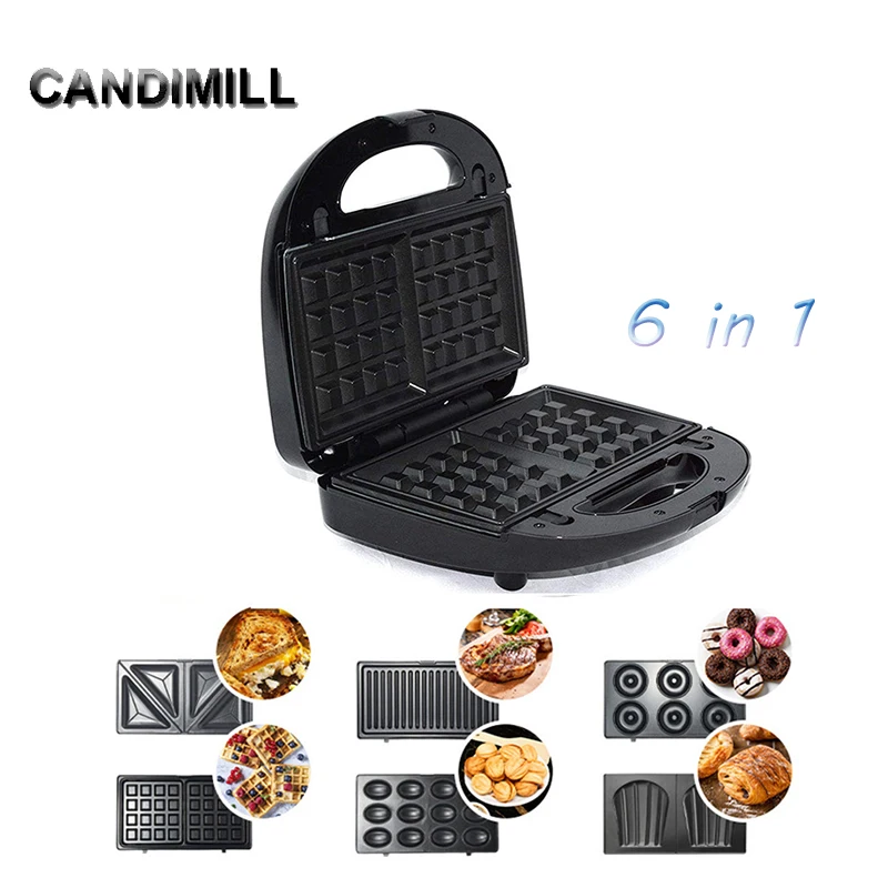 CANDIMILL 3/6 In 1 Electric Waffle Maker Doughnut Sandwich Machine Cake Breakfast Machine Bubble Waffle Panini Baking Pan