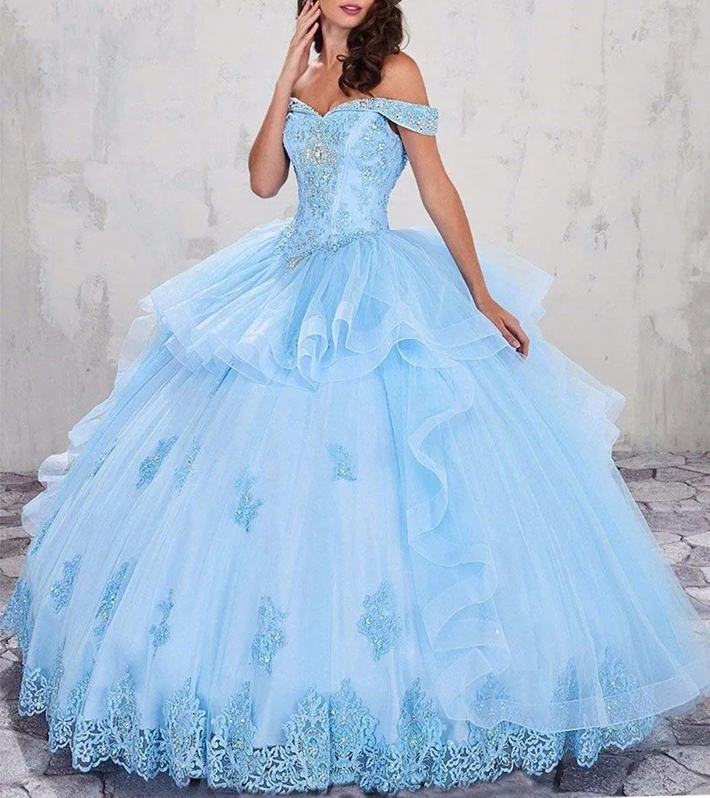 Off Shoulder Quinceanera Jurken Kralen Applique Baljurken vestidos de 15 anos Ruches Tiered Organza vestido de debutante