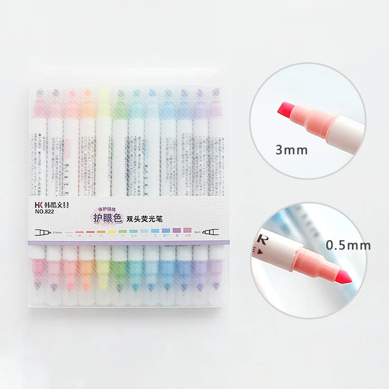 

12 Colors Double Head Highlighter Set Kawaii Stationery Diary Decoration Marker Pen Student Supplies