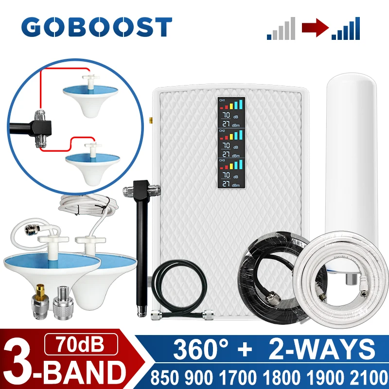 

GOBOOST Tri Band Cellular Amplifier 2-Way 360° Antenna Kit 2G 3G 4G Signal Booster 850+900+1700/2100+1800+1900+2100 MHz Repeater