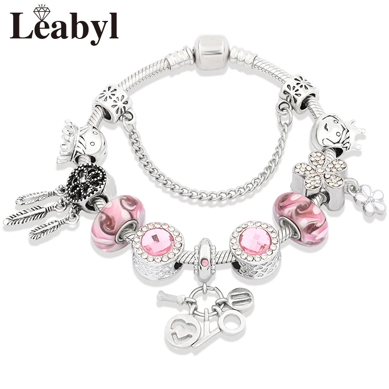 Cute Pink Crystal Bead Bracelet Flower Dream Catcher Charm Bracelet I Love You Little Priceness Prince Bracelet Girl Gift