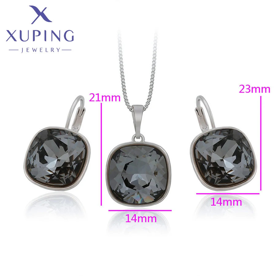 Xuping Jewelry Charm Trendy Square Shaped Crystal Jewelry Set Rodium Color Earring Necklace Set for Women Girl Gift 60090