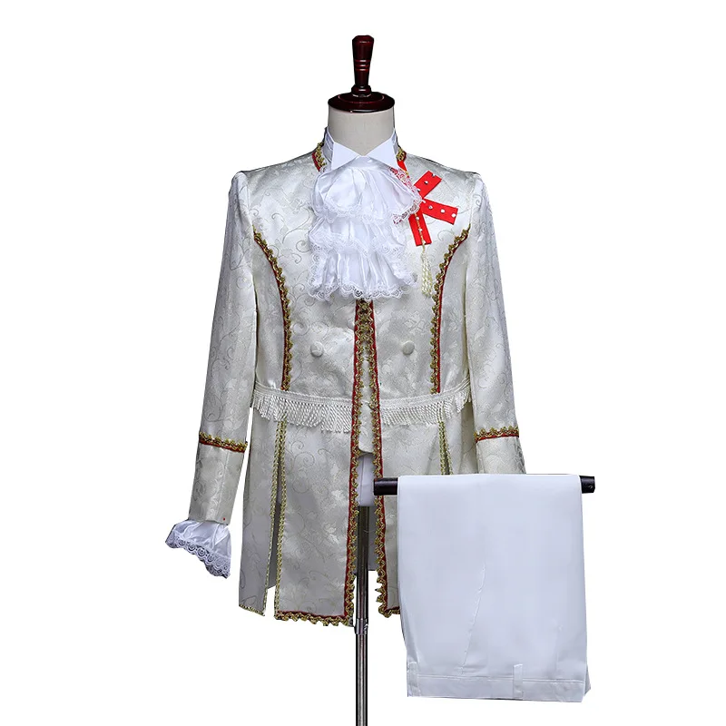 Costume victorien de luxe King Prince pour hommes adultes, veste en émail supérieure, manteau, blazer imbibé, théâtre de scène, tenue de cosplay, pantalon Jabot aught