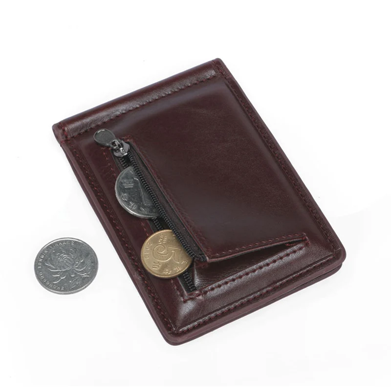 New Mini Men\'s Leather Money Clip Wallet With Coin Pocket Thin Purse For Man Magnet Hasp Small Zipper Money Bag