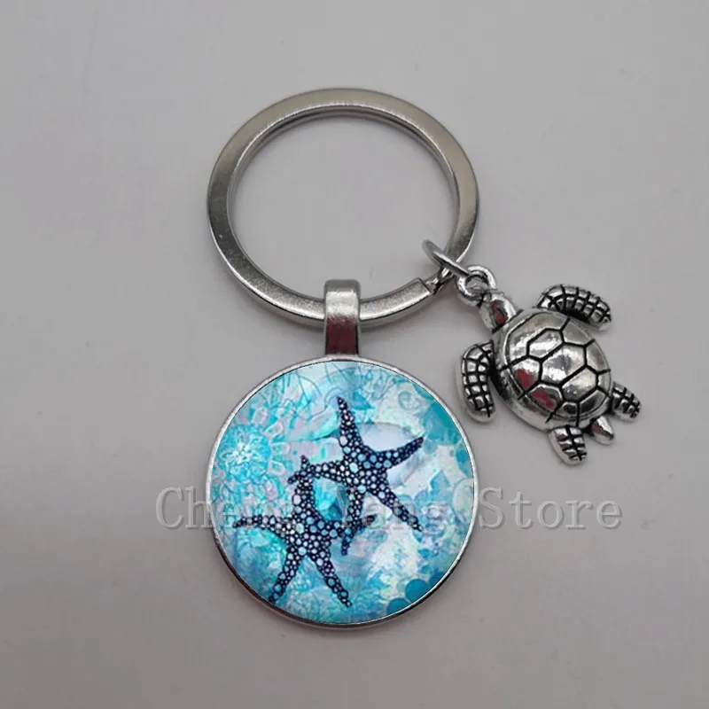 Marine life jewelry turtle dolphin shell keychain key ring glass convex round keychain charm turtle pendant Christmas gift