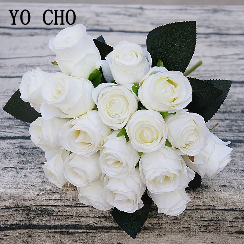 YO CHO Artificial Flower Bouquet 18 Heads Silk Rose Fake Flower White Bridesmaid Wedding Bouquet Home Party Wedding Table Decor