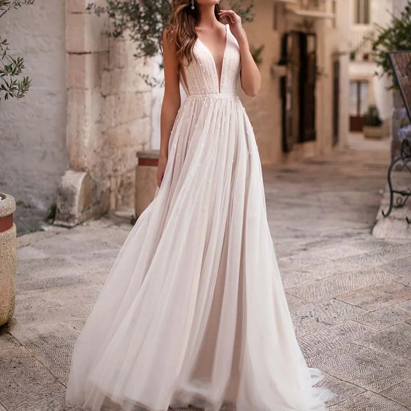 Sexy illusion Plunging V-neck Boho-inspired A-line Wedding Dresses 2019 See Through Casual Beaded Tulle Chic Bridal Gowns AX130