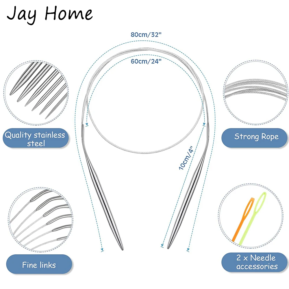 Ensemble d\'aiguilles à tricoter circulaires en acier inoxydable, Crochet à Double pointe de 32 pouces, 1.5-5MM pour chaussettes, 11 pièces