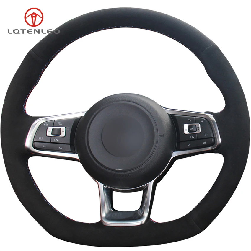 LQTENLEO Black Suede Hand-stitched Car Steering Wheel Cover for Volkswagen Golf 7 GTI Golf R MK7 VW Polo GTI Scirocco 2015 2016