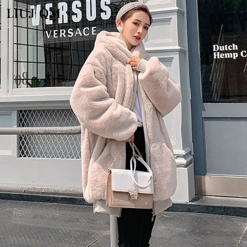 Winter Dikke Warme Nepbont Jas Oversized 2023 Nieuwe Mode Dames Capuchon Lange Mouw Nepbont Jas Luxe Winter Korte Jassen